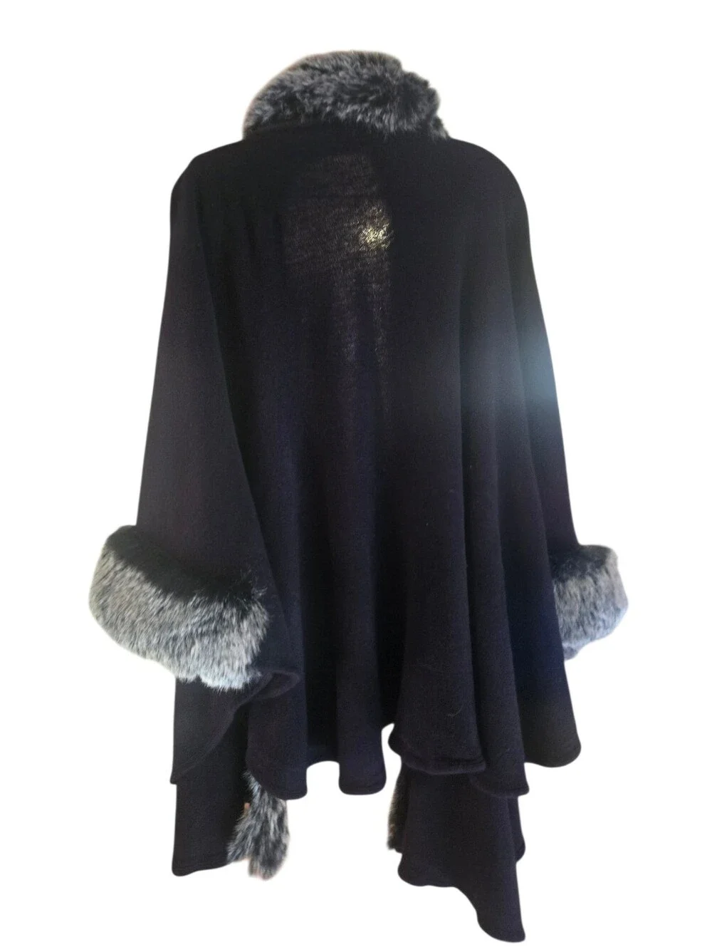 Black Fur-Trim Cape Wrap - Luxurious Winter Accessory
